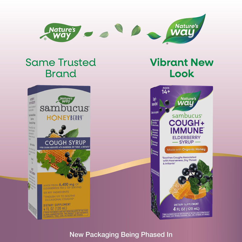 Nature's Way Sambucus Cough + Immune* Elderberry Syrup, Honey, 4 Fl Oz | 4 Fl Oz, Soothes Coughs Associated with Hoarseness, Dry Throat, and Irritants* Vitamin C, Zinc, Organic Honey