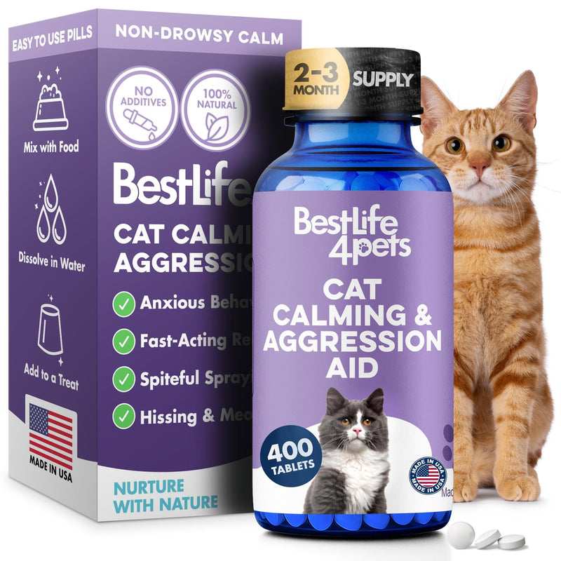 Anti Aggression for Cats Calming Remedy, A Natural Diffuser and Cat Calming Aid for Stress, Spiteful Spraying, Scratching & Territorial Behavior, Non-Drowsy, 400 Odorless, Tasteless Pills Kitten - 400 Pills