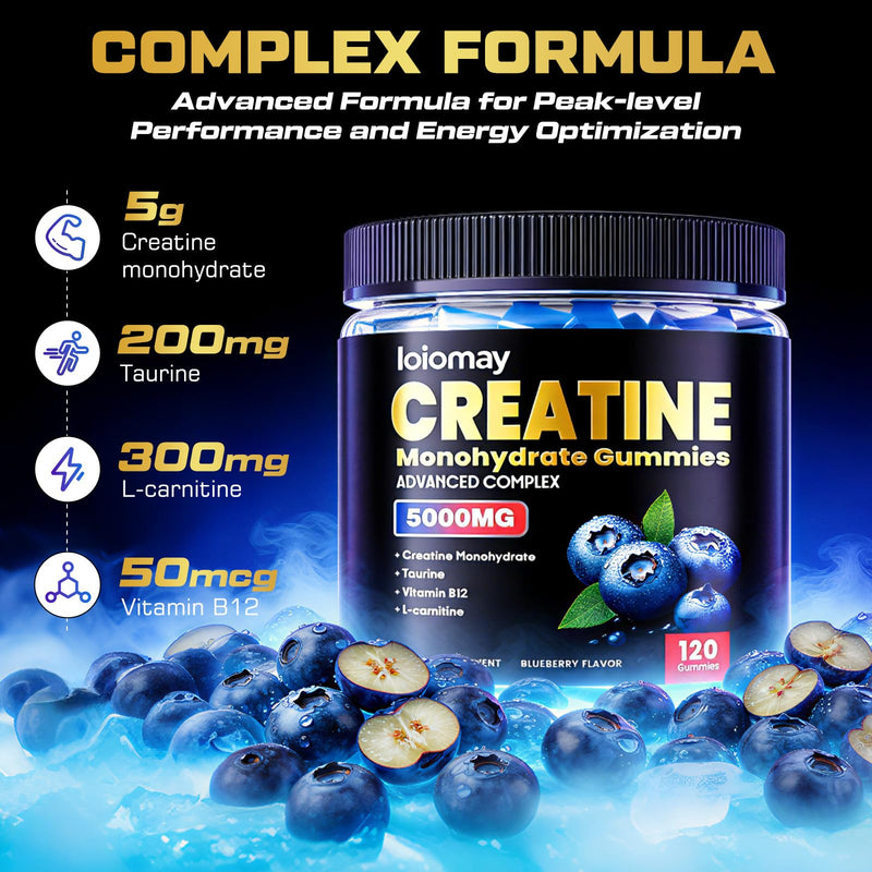 Creatine Gummies for Men & Women, 5-in-1 Complex with Taurine, L-Carnitine, Vitamin B12 & B6 Support Muscle, Recovery, 5g Creatine Monohydrate Gummies Post & Pre Workout Supplements, 120 Count 120 Count (Pack of 1)