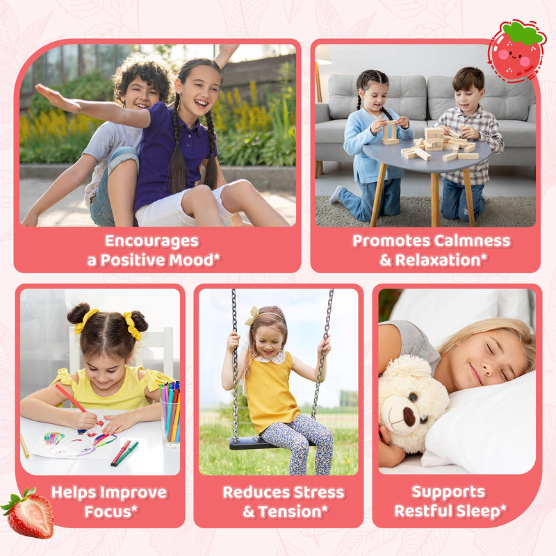 Liposomal GABA L-Theanine Drops for Kids - Liquid GABA Supplement with Magnesium, Chamomile, Lemon Balm & Vitamin B6 - Support Relaxation, Focus & Stress Relief for Kids & Adults - Strawberry Flavor 2 Fl Oz (Pack of 1)