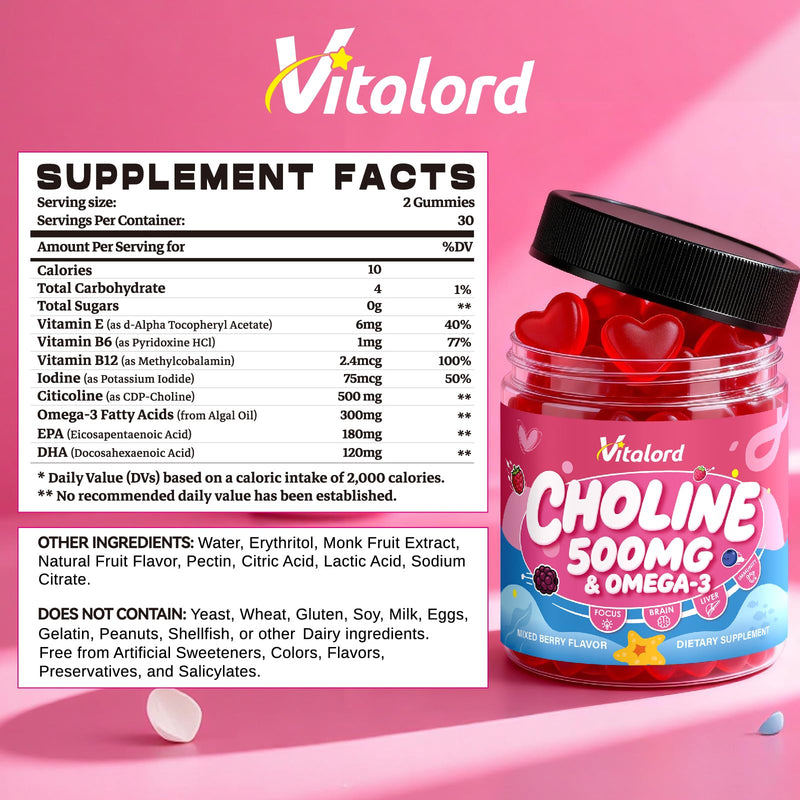 CDP Choline with Omega 3 Gummies 500mg for Kids & Women, 60 Count | Chewable Citicoline Supplement with Vitamins, Prenatal, Brain Health, Liver Support, Focus & Energy, Mixed Berry Flavor