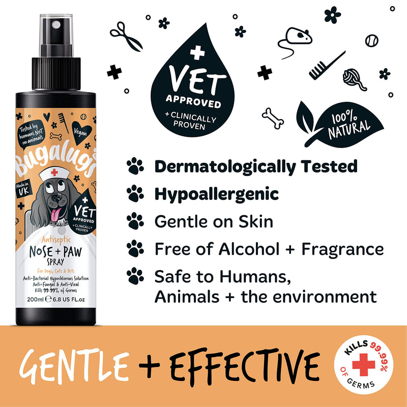BUGALUGS Nose & Paw Dog Antiseptic spray 200ml – Antibacterial, Antifungal for Dogs, Cats & Pets -for Dry Paws, Cracked Skin use alongside our dog paw balm & dog nose balm (Antiseptic Spray 200ml)