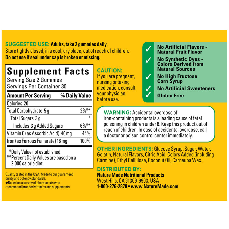 Nature Made Iron 18 mg per Serving Gummies with Vitamin C, 60 Gummies | Iron Supplement for Red Blood Cell Support, Vitamin C Helps with Iron Absorption, Raspberry Flavor, 30 Day Supply
