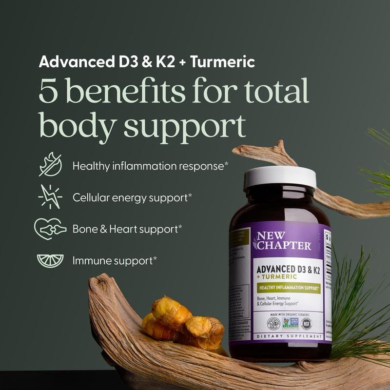 New Chapter Vitamin D3 5000 IU and Vitamin K2 Supplement, 30 Count | Bone, Heart, Cellular Energy, and Immune Support with Healthy Inflammation Response, Organic Turmeric, Vegan