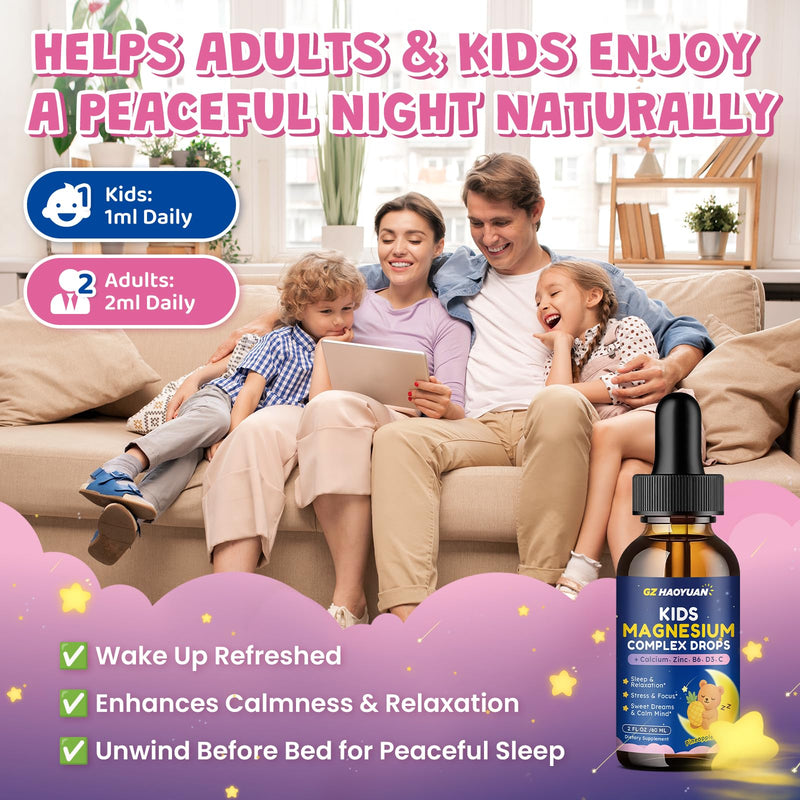 Magnesium Complex Liquid for Kids - Magnesium Glycinate, Malate, Taurate, Citrate with Calcium, Omega-3, L-theanine, Zinc,Vitamin B6 D3 C for Sleep, Relaxation, Calm & Focus, Pineapple Flavor, 2 Fl Oz 2 Fl Oz (Pack of 1)