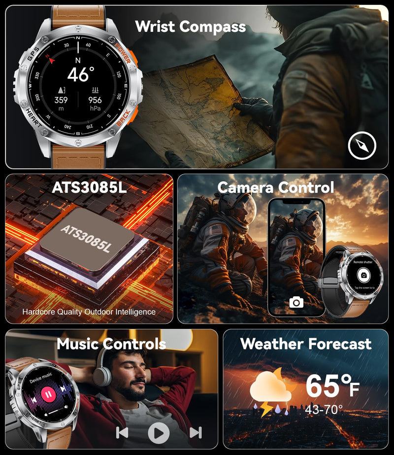 LIGE DM1 GPS Military Smart Watch for Men, 100+ Sports Modes Fitness Tracker, LED Flashlight/Compass/45 Days Battery/IP68 Waterproof 1.43'' AMOLED Always on Display Smartwatch for Android iOS, Sliver DM1-D1-US