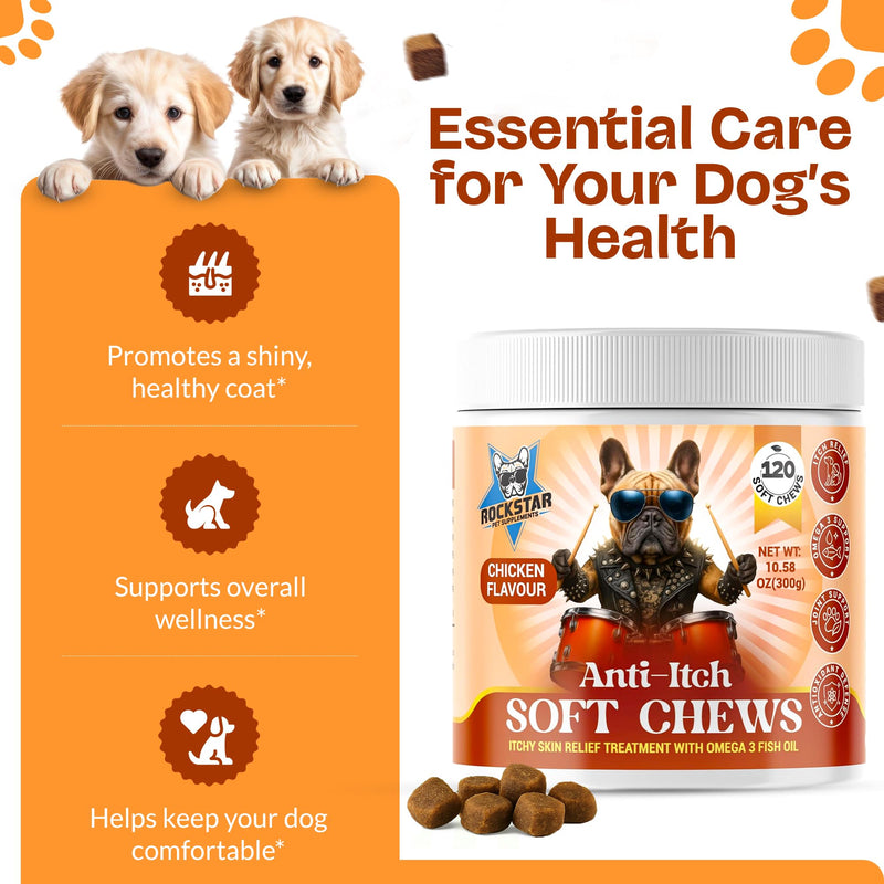 Anti-Itch Soft Chews For Dogs | Chicken Flavour | Soothe Itchy Paws, Eyes, Ears, Skin - Stop Itching, Licking, Scratching - Perfect for Small, Medium & Large Dogs.