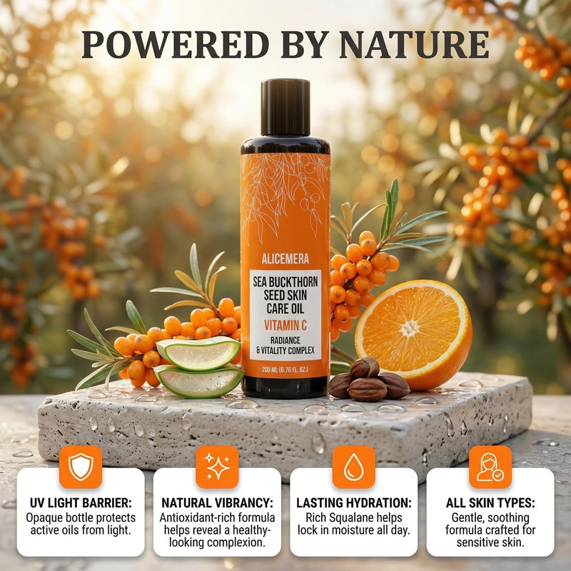 Vitamin C Body Oil for Dry Skin, Jojoba and Sea Buckthorn | Lightweight After Shower Formula With Aloe Vera, Squalane, and a Silky Non-Greasy Finish Floral Vitamin C