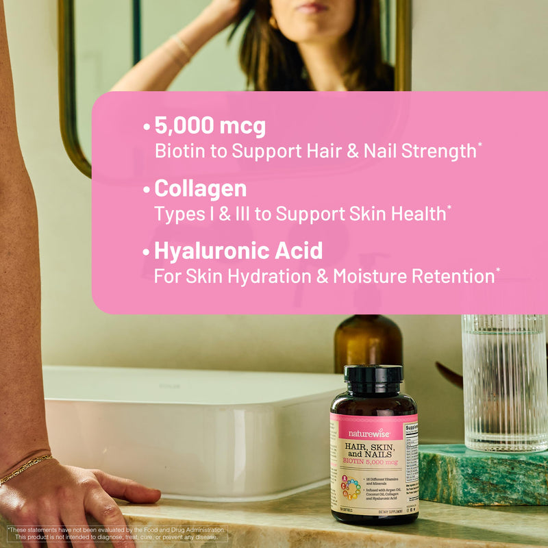 NatureWise Hair Skin and Nails Vitamin, Biotin 5000mcg w/Hyaluronic Acid, Collagen for Women with C, B Complex, D3, A, E, Iron - Non-GMO, Gluten Free - 150 Softgels[50-Day Supply] 150 Count (Pack of 1)