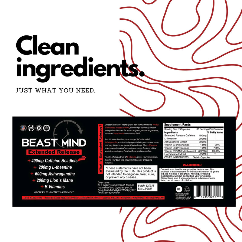Beast Mind Extended Release Extreme Energy Pills | 400mg XR Caffeine | 600mg Ashwagandha | 200mg Lion's Mane, Increased Energy & Focus, Natural Nootropic Labs