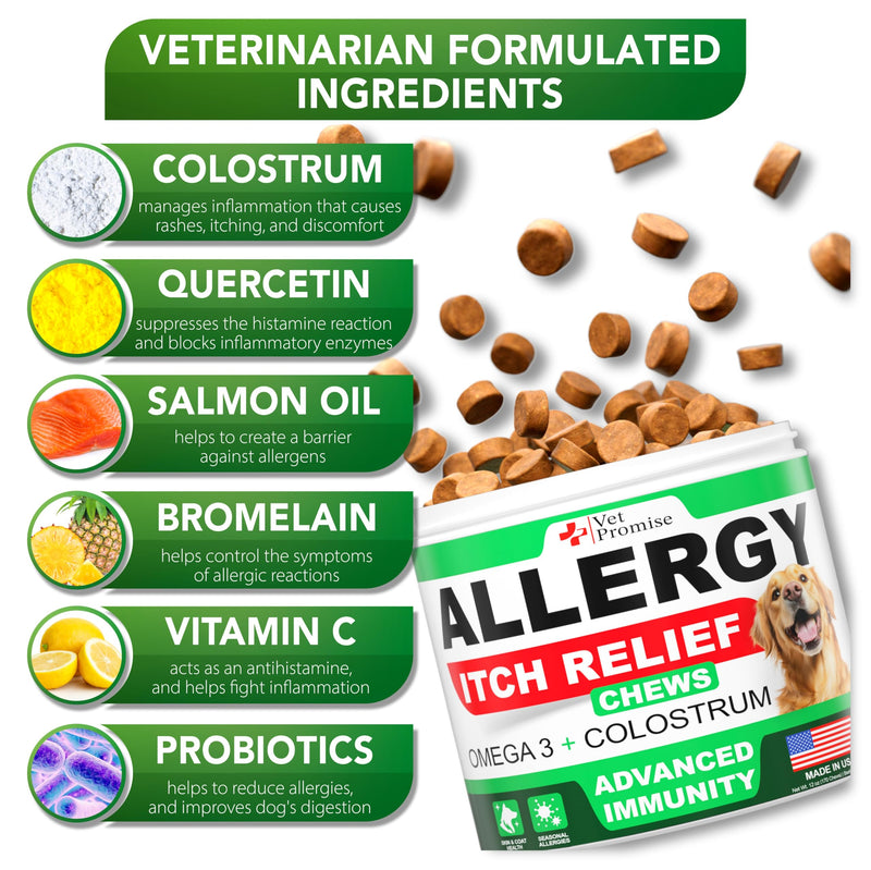 Dog Allergy Relief Chews - 170 Dog Allergy Chews - Itch Relief for Dogs - Anti Itch for Dogs - Dry & Itchy Skin - Allergies & Immune Support Supplement, Omega 3 Fish Oil, Colostrum - Made in USA