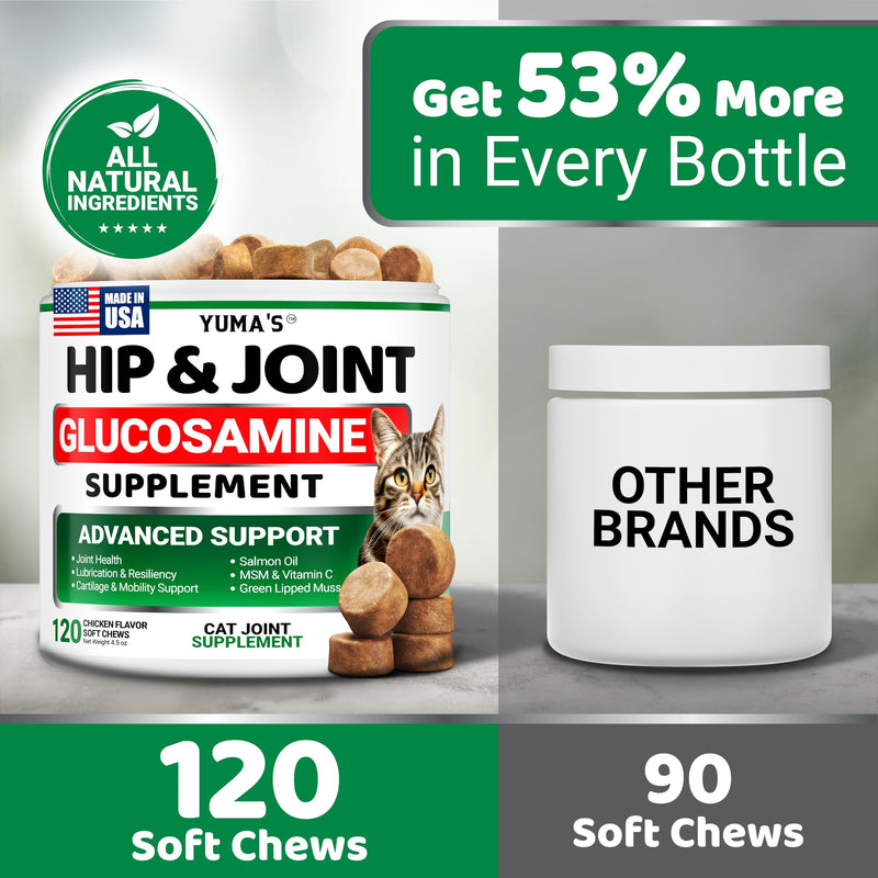 YUMA'S Cat Hip and Joint Health Supplement Chews – Advanced Glucosamine for Cats – MSM, Chondroitin & Omega-3 Salmon Oil – Supports Mobility, Joint Pain Relief, Cat Vitamins for Indoor & Outdoor Cats 120 Chews Cat Hip & Joint