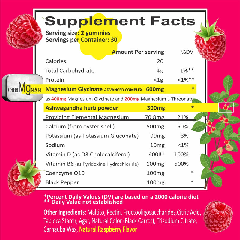 Magnesium Glycinate 400mg Gummies Complex with L-Threonate, Ashwagandha, Vitamin D & B6, CoQ10, Potassium, Calcium, Stress Relief, Sleep Gummies for Women & Men, 120 CT for 4 Months Supply