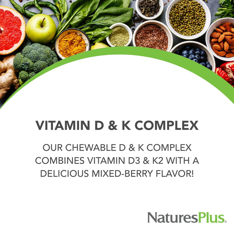 NaturesPlus D & K Complex - 60 Mixed Berry Chewables - Supports Calcium Metabolism - Vegetarian, Non-GMO, Gluten Free, Soy Free - 60 Servings