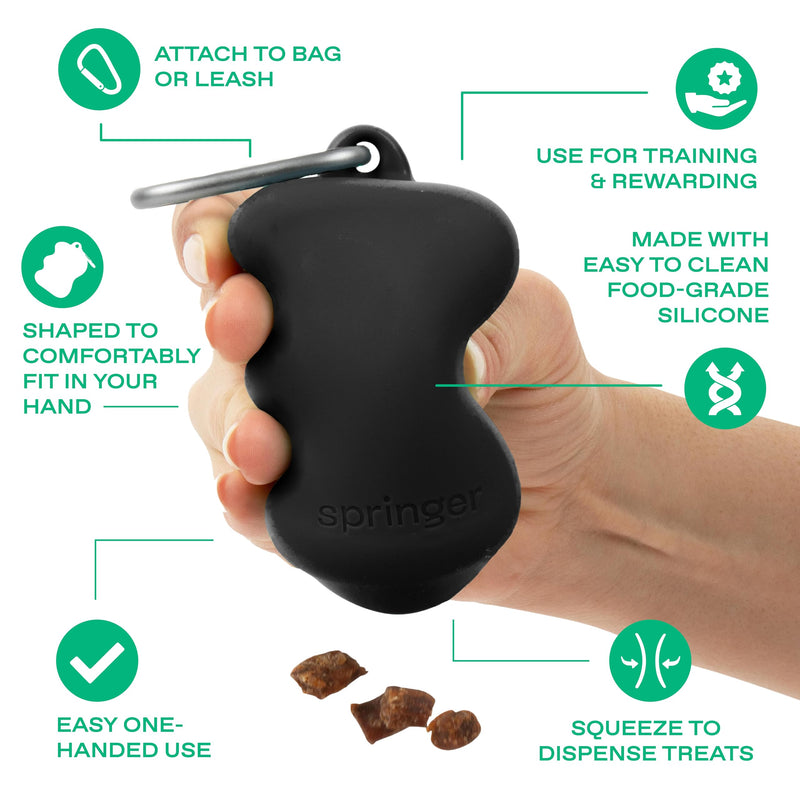 Springer Dog Treat Pouch for Effort-Free Squeeze Dispensing - Easy-fill, Food-Grade Silicone Treat Pouches for Pet Training - Includes Carabiner-Black Black - BeesActive Australia