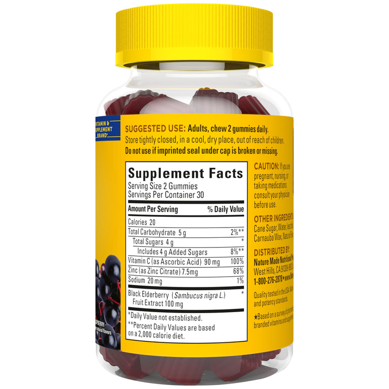 Nature Made Elderberry Gummies with Vitamin C & Zinc, 60 Elderberry Gummies | Dietary Supplement for Antioxidant and Immune Support, Suitable for Vegetarians, Raspberry Flavor, 30 Day Supply 60 Count (Pack of 1)