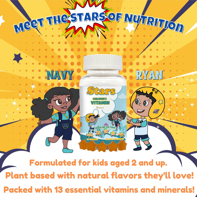 Stars Kids Multivitamin Gummies with Omega 3, Vitamins for Kids with A, B, C, D, Plant Based Multi Vitamins for Children, Manganese, 60 Star-Shaped Multivitamin for Kids, Gluten-Free Gummy Vitamins Stars Children's Vitamin