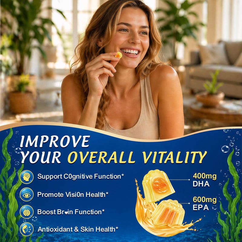 Vegan Omega 3 Gummies 1200mg for Adults Marine Algae Omega 3 Supplement EPA 600mg DHA 400mg, Vitamin D3, K2, No Fish Taste, for Brain, Eye, Immune Health, Sugar Free, 60 Cts Orange 60 Count (Pack of 1)