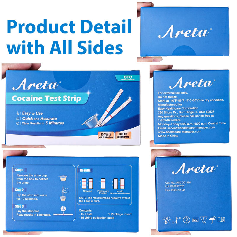 Areta Cocaine Test Strip: Cocaine Drug Test Single Panel Urine Screen Kits, 15 Pack Instant Accurate Home Cocaine Tests Coke Dipstick with Cups, 300 ng/mL Cutoff -ASCOC-114 15 Count