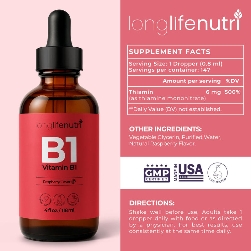 LongLifeNutri Vitamin B1 Liquid Drops - Thiamine Mononitrate Supplement for Energy and Nerve Health, Fast Absorption, 4 FL OZ, 5-Month Supply, Lab Tested, Made in USA 4 Fl Oz (Pack of 1)