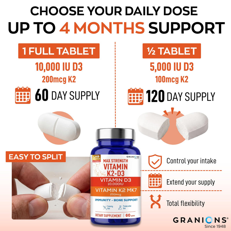 Granions Max Strength Vitamin D3 K2 Supplement - 250mcg (10,000 IU) D3 + 200mcg Vitamin K2 (MK-7) - Vitamins for Bone Health, Immune Support Supplements VIT K2D3-2 Month, 60 Tablets 60 Count (Pack of 1)