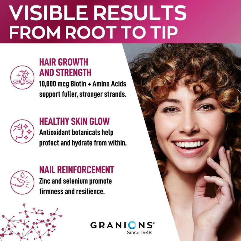 Granions Biotin 10,000 mcg Hair, Skin and Nails Pills - Extra Strength Biotin Complex with Zinc, Selenium, Millet, Bilberry, Aminos - Hair Growth Vitamins Supplement for Women & Men - 60 Tablets Biotin Tablets