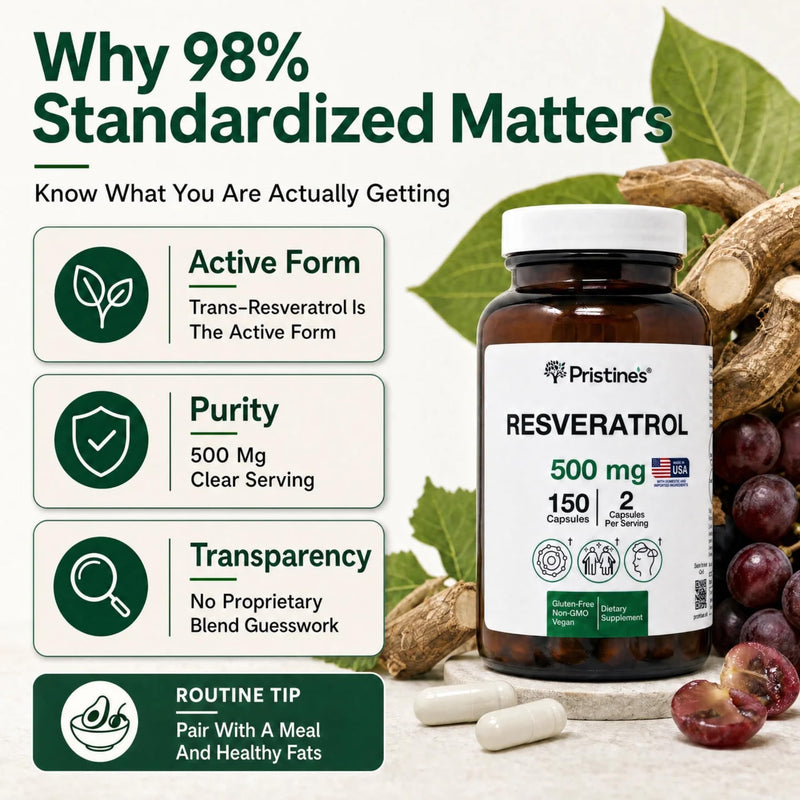 PRISTINE'S Resveratrol 500mg Capsules, 98% Trans-Resveratrol, 150 Count | Healthy aging and antioxidant support from 98% trans-resveratrol. 75 day supply, vegan, non-GMO, gluten-free glass bottle