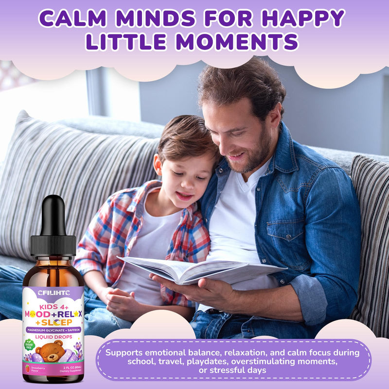 Kids Magnesium + Saffron Liquid Drops - Magnesium Glycinate Saffron for Kids with L-Theanine, Omega-3, Vitamin B6, D3, K2, Magnesium Drops for Children Mood, Relax, Sleep, Strawberry Flavor, 2 Fl Oz 2 Fl Oz (Pack of 1)
