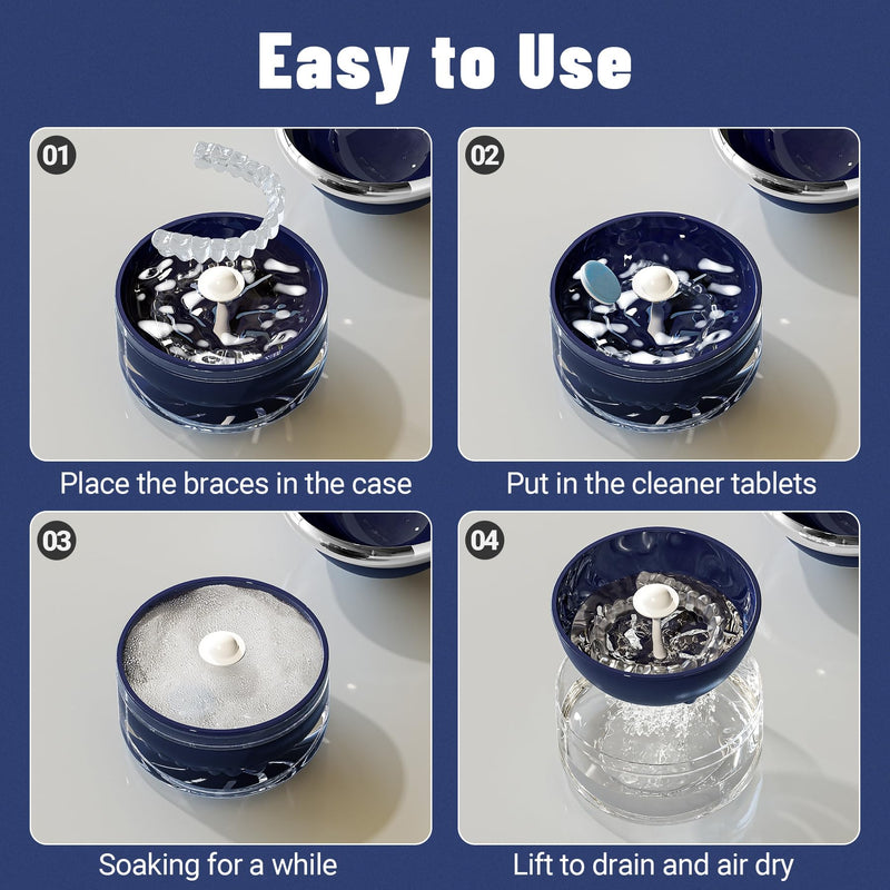 Denture Case Retainer Cleaner Case, Portable Retainer Case for Travel, Denture Bath Case with Strainer Basket, Denture Cups for Soaking Dentures, Clear Braces, Mouth Guard & Retainers - Blue