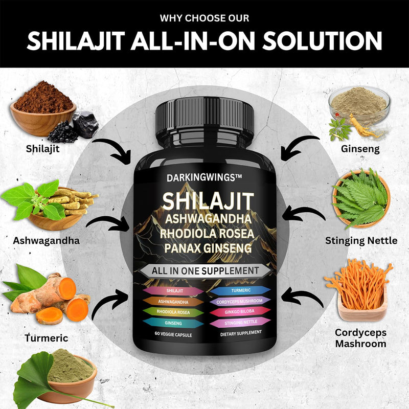 8-in-1 Shilajit 9000 Panax Ginseng 1500MG Ashwagandha 2000MG Rhodiola Rosea 1000MG, Turmeric 500MG, Gingko Biloba 500mg, Stinging Nettle 250MG, Cordyceps Mushroom 500mg for Full Body Power - BeesActive Australia