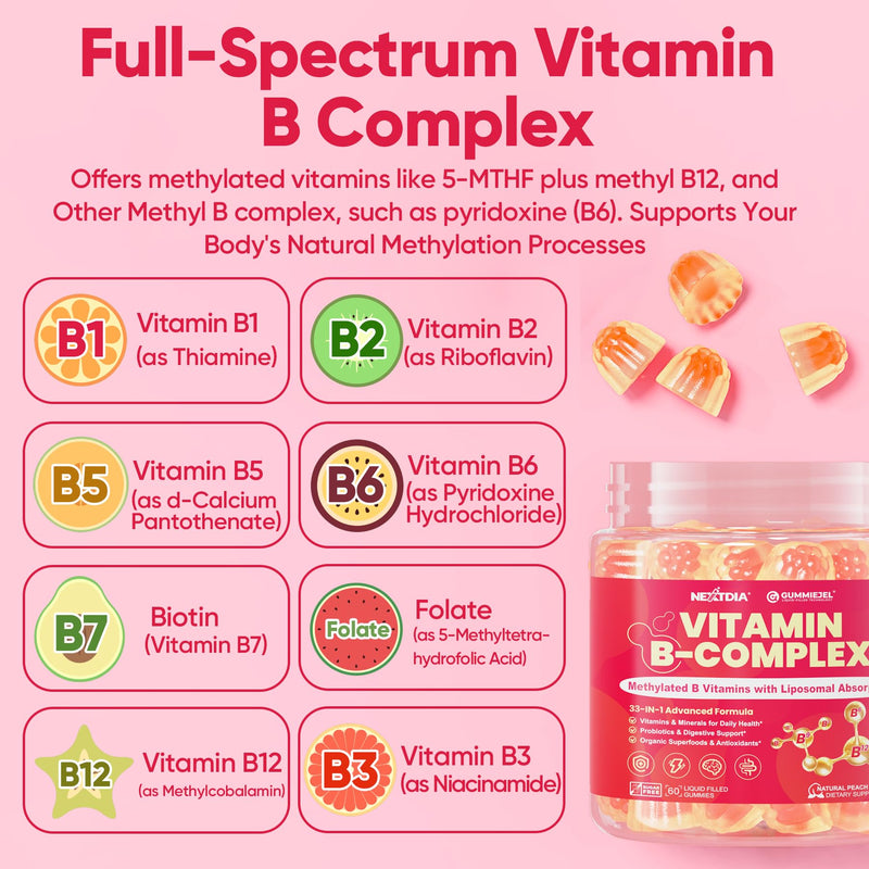 Methylated Vitamin B Complex Gummies for Women & Men, High Dose 2000 mcg Methyl B12, Liposomal Super All B Vitamins Methylfolate, B1, B2, B3, B5, B6, B7, Vitamin C, Choline for Energy, Focus, 60Counts 60 Count (Pack of 1)