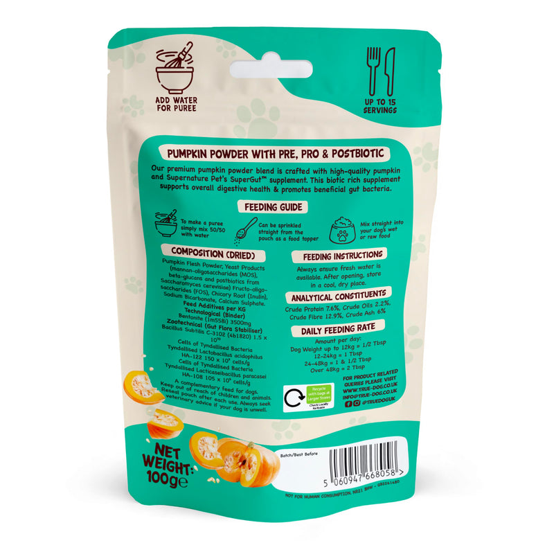 True Dog Pumpkin Powder with Pre, Pro & Postbiotics 100g | Natural Pumpkin Puree Powder for Dogs, Digestive Supplement, Stool Firming, High Fibre Dog Food Topper, Manufactured in the UK