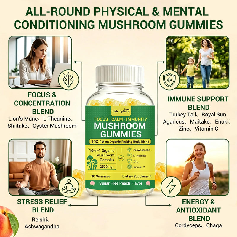 Mushroom Gummies - All-in-1 Organic Mushroom Complex 2500mg with Ashwagandha, L-Theanine, Zinc, Vitamin C - Focus, Calm & Immunity Support, Sugar Free Peach Flavor, 80 Gummies