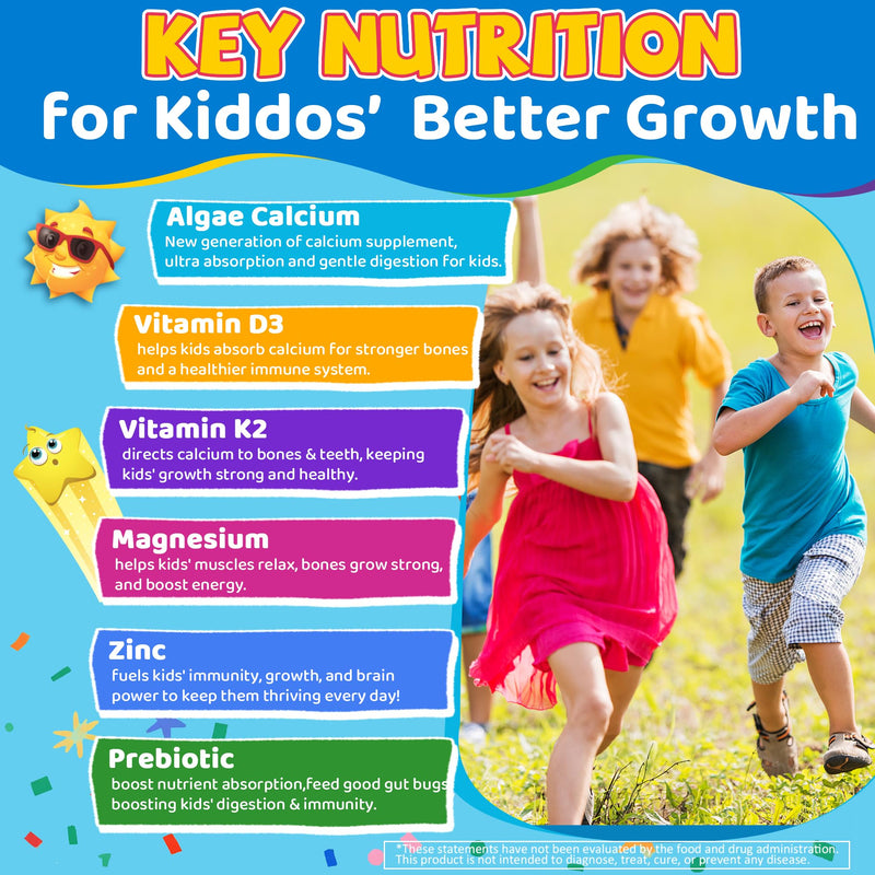 Kids Calcium Gummies + Vitamin D3 K2, Magnesium, Zinc, Extra Absorption Algae Calcium Supplement For Kids Gentle to Stomach, Bone, Teeth, Muscle, Brain, Sugar Free Chewable Kids Vitamins 4+, 60 Counts 60 Count (Pack of 1)