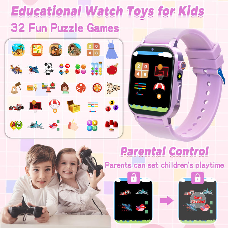 Kids Smart Watches Girls Age 3-12, Smart Watch for Kids with 32 Games HD Touch Screen Camera Video Alarm Music Audiobooks Pedometer Flashlight 12/24 hr Toys Birthday Gifts for Girls Ages 5 6 7 8 9 10 Purple - BeesActive Australia