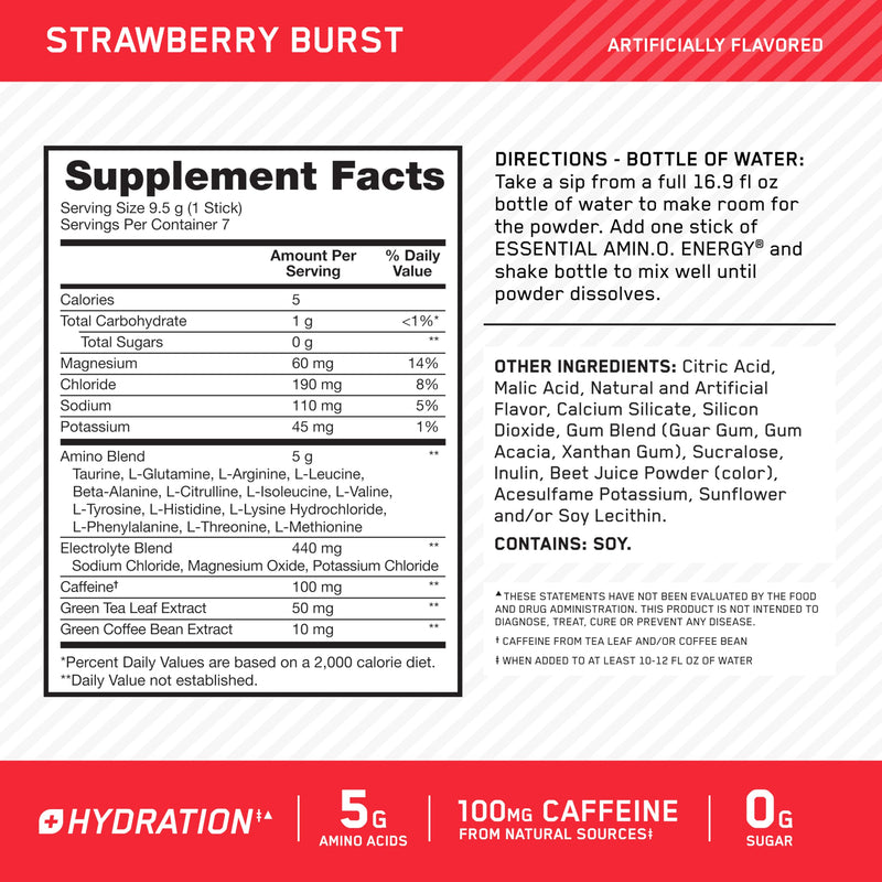 Optimum Nutrition Essential Amino Energy Plus Electrolytes Stick Packs, Energy Powder, Strawberry Burst, 7 Count 0.3 Ounce (Pack of 7)