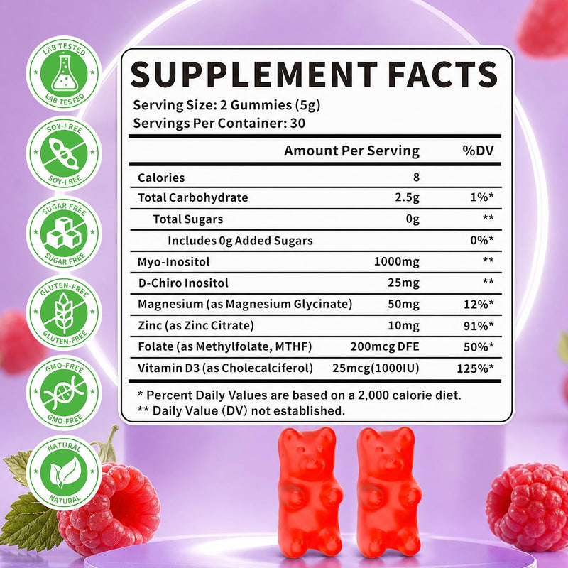 Myo-Inositol & D-Chiro Inositol Gummies, Ideal 40:1 Ratio Inositol Supplement with Vitamin D3, Magnesium Glycinate for Support Hormonal Balance & Wellness, Raspberry Flavor, 60 Count 60 Count (Pack of 1)
