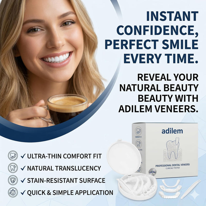 Snap On Veneers for Women & Men, Instant Smile Enhancer Cosmetic Teeth Covers, Natural White Temporary Dentures for Missing, Stained or Broken Teeth, Smile Restoration Kit with Portable Travel Case