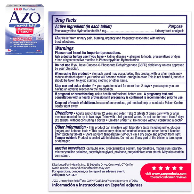 AZO Urinary Pain Relief Maximum Strength (24 Count) Urinary Tract Infection Urinary Tract Infection (UTI) Test Strips, Accurate Results in 2 Minutes, 3 Count - BeesActive Australia