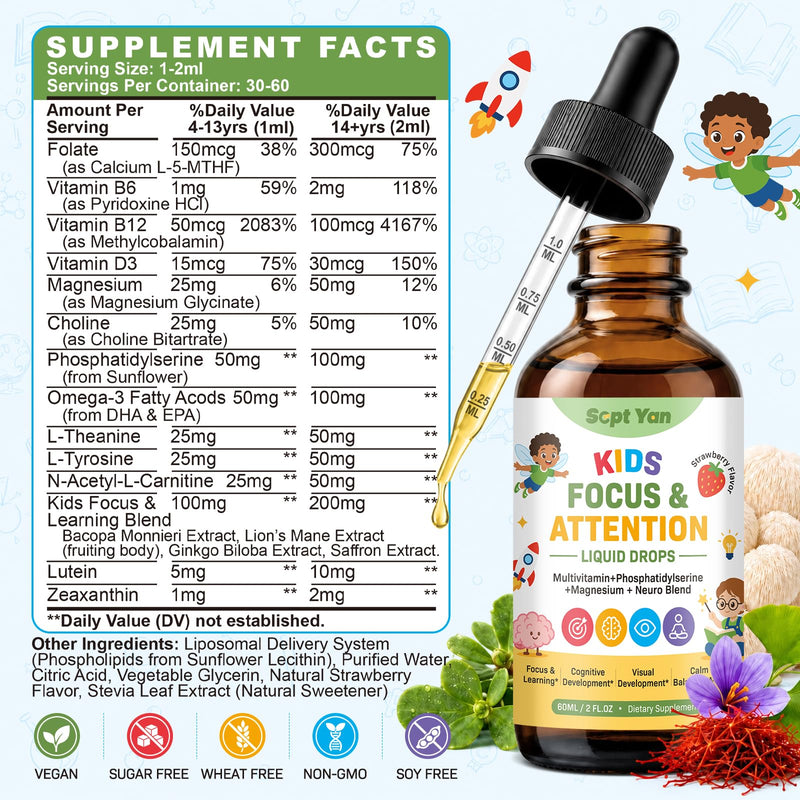Kids Focus and Attention Supplements with Phosphatidylserine, Omega-3, Magnesium Glycinate, L-Theanine, Choline & Lutein – Kids ADHD Brain Liquid Drops for Memory, Calm Mood & Learning, Strawberry 2oz