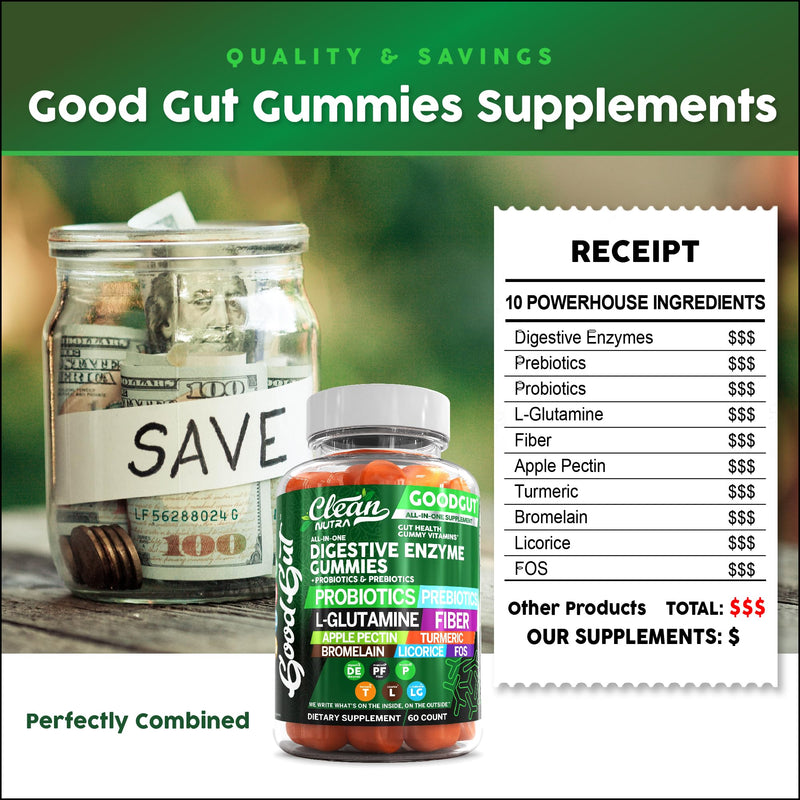 Clean Nutraceuticals Digestive Enzymes with Probiotics & Prebiotics for Digestive Health Gummies & L-Glutamine for Gut Health Bromelain Apple Pectin Inulin FOS Plant Based Vegan Gummy Vitamins 1