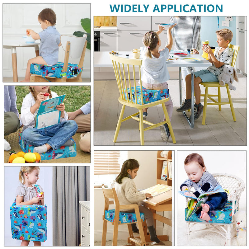 Toddler Booster Seat for Dining Table,4 Inches Washable Double Safer Straps Non-Slip Bottom Booster Seat for Kids, Portable Travel High Density Sponge Detachable Increasing Cushion for Child Blue-Ocean World - BeesActive Australia