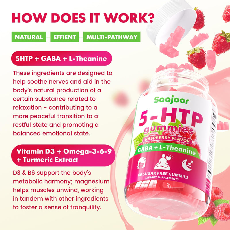 2 Pack 5-HTP 300mg Gummies with GABA + L-Theanine & Vitamin D3, Circadian Rhythm Support for Adults, Raspberry Flavor, 120 Gummies 2pack