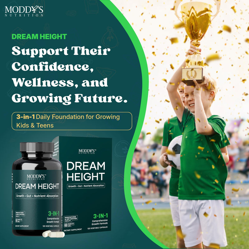 Moddy's Nutrition DreamHeight Growth Supplement for Kids & Teens, Bone, Immune & Sleep Support, Clinically Studied Formula, 120 Small Easy-to-Swallow Capsules