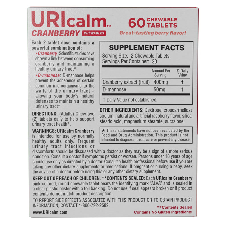 Uricalm Cranberry, Daily Dietary Supplement Chewable with D-Mannose, Berry, 60 Count 60 Count (Pack of 1)