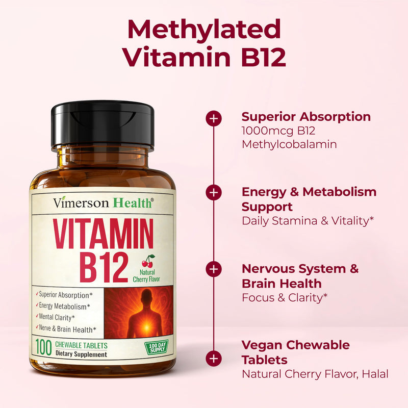 Vitamin B12 1000 mcg – Chewable Methylated B12 (Methylcobalamin B12) for Energy & Metabolism Support – Methylated B Complex for Superior Absorption – 100 Natural Cherry-Flavored Tablets - Vegan
