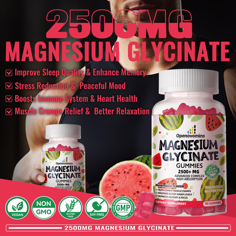 Magnesium Glycinate Gummies 2500mg - Sugar Free Magnesium Potassium Supplement with Vitamin D, B6, CoQ10 for Calm Mood & Sleep Support - 90 Watermelon Gummies 90 Count (Pack of 1)