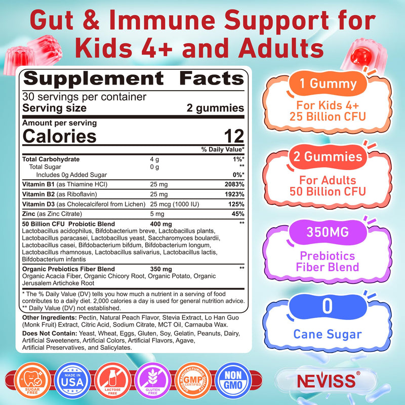 NEVISS Prebiotic Gummies for Adults & Kids 4+, Chewable Probiotic 120Cts | 50 Billion CFUs w/Fiber, Vitamin B1 B2 D3 & Zinc, for Digestive & Gut Health, Boost Microflora Diversity, Sugar Free,Vegan 60 Count (Pack of 2)