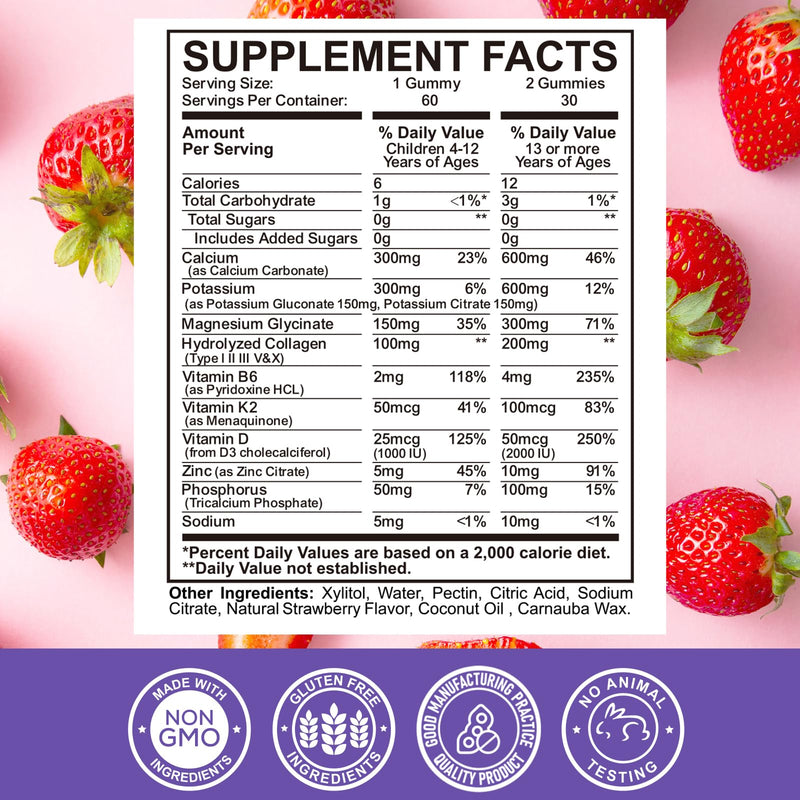Calcium Potassium Magnesium Gummies for Kids & Adults, with Hydrolyzed Collagen, Zinc, Phosphorus, Multivitamin for Sleep, Bone Strength, Density Support, Sugar Free, Strawberry Flavor,120ct 60 Count (Pack of 2)