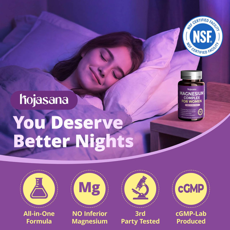 7-in-1 Magnesium Complex for Women for Sleep, 60 Vegan Capsules | With 600mg Magnesium Glycinate & L-Theanine & Vitamin B6 for Stress Relief & Cortisol Balance Support, Non-GMO, Gluten Free 60 Count (Pack of 1)